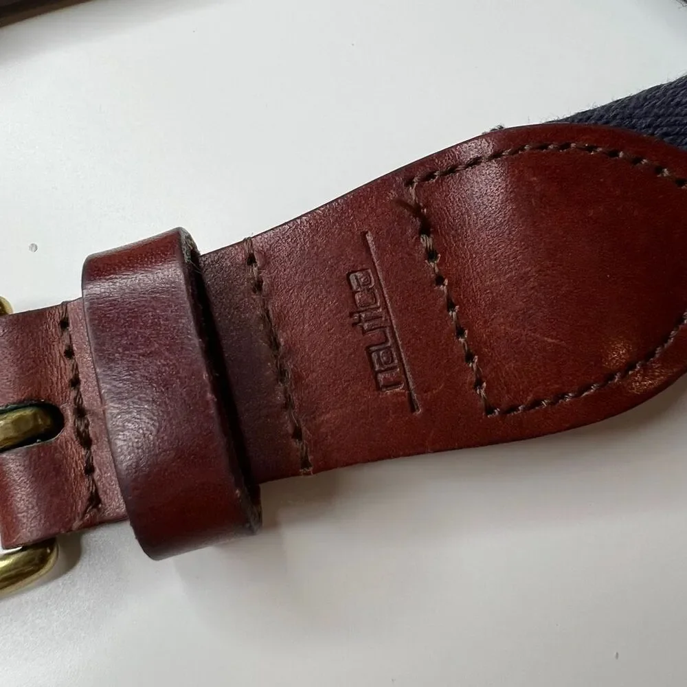 Canvas Leather-Trim Belt in Navy and Beige